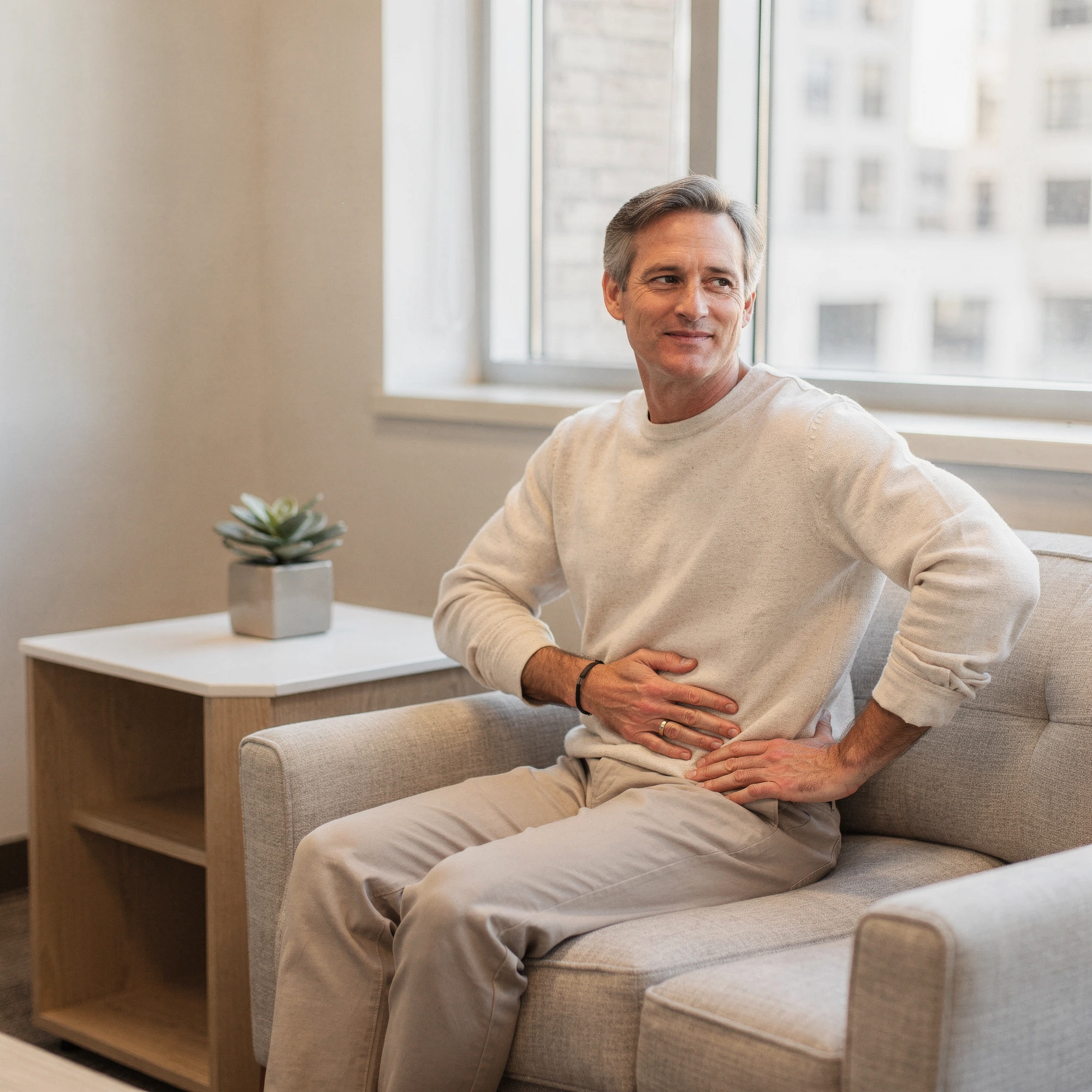 Man sitting on couch holding his abdomen, experiencing pain management concerns